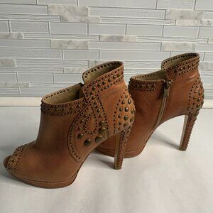 BCBG Maxazria Caramel Leather Stud Embellished Ankle Bootie Side Zipper Closure